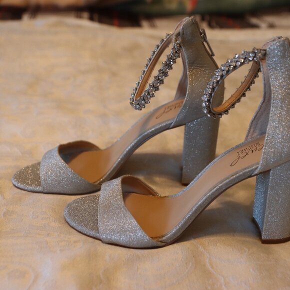 Jewel Badgley Mischka Louise Block Heel Sandal Silver Glitter Rhinestone Size 9 - Picture 7 of 15